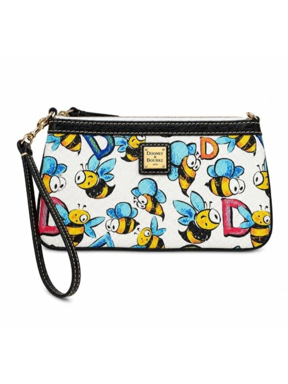 Dooney & Bourke Bumble Bee Wristlet Pouch Bee Print Leather Trim Zip Pouch